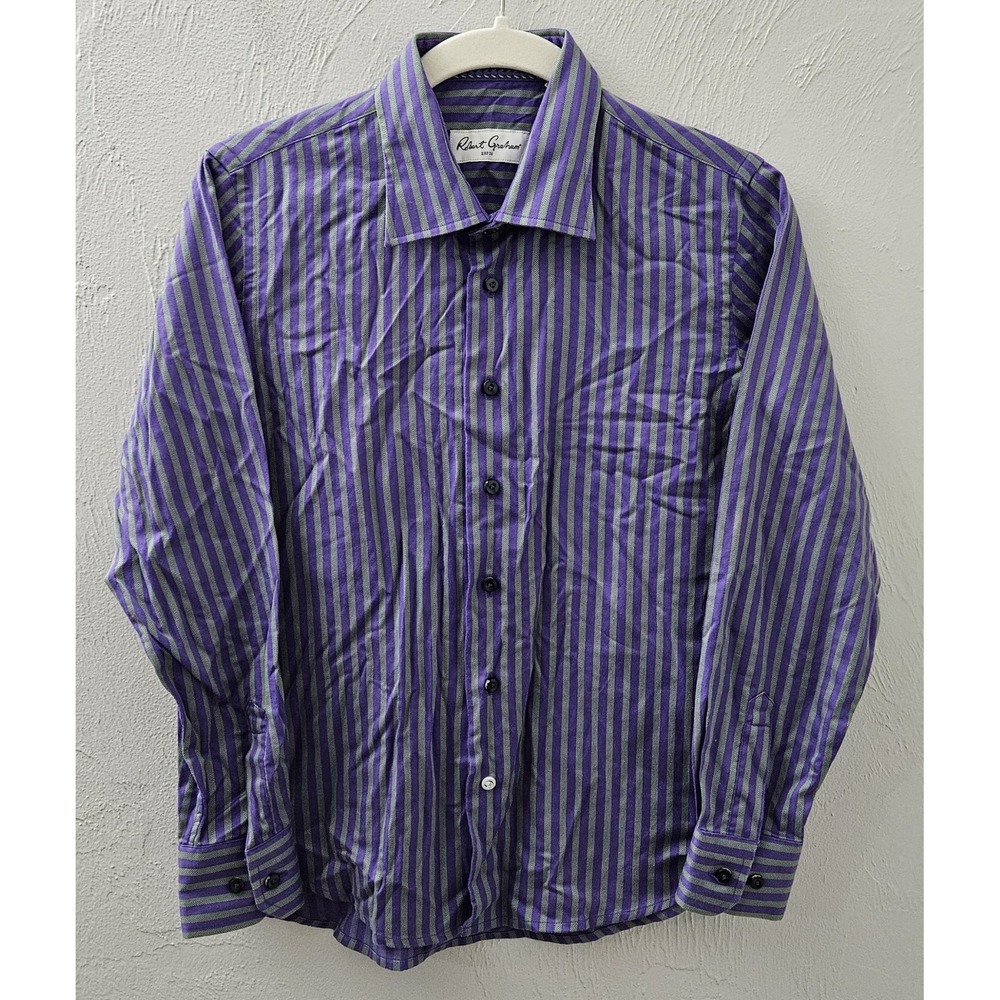 Robert Graham Shirt Boys Medium 10-12 Button Up Purple‎ Gray Stripe Long Sleeve